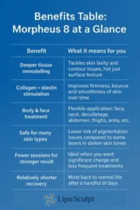 How Often Can I have Morpheus 8? 3 Table showing the benefits of Morpheus 8 treatment from Lipo Sculpt Croxton